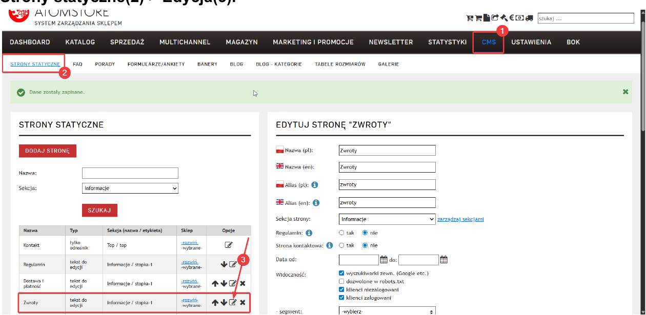 Przejście do edycji strony statycznej w panelu Atomstore