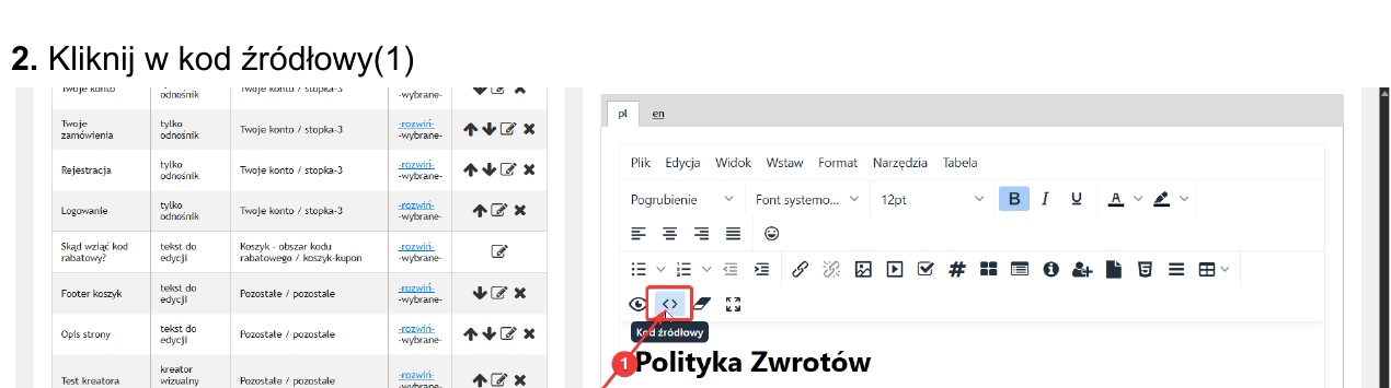 Przełączenie edytora treści strony na widok kodu źródłowego HTML