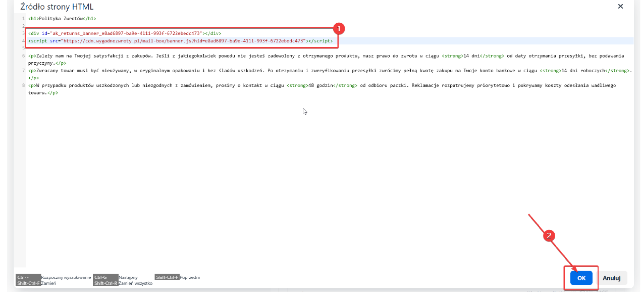 Wklejenie kodu instalacji w widoku źródła strony HTML