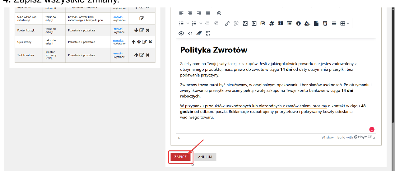 Zapisanie zmian na stronie w panelu Atomstore