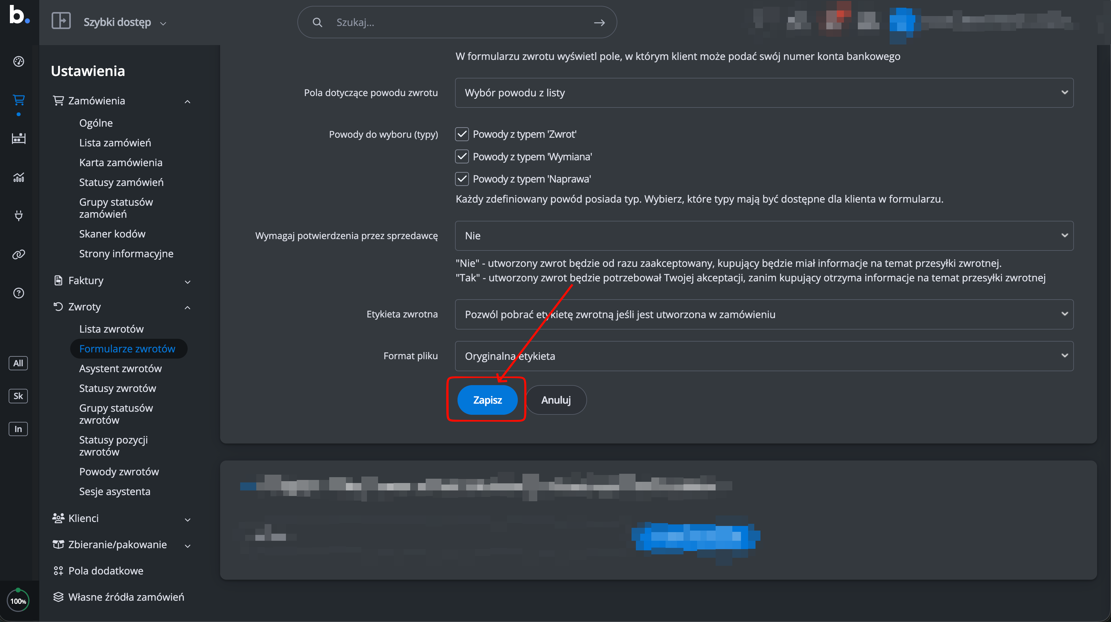 Zapisanie ustawień szablonu formularza zwrotów w BaseLinker