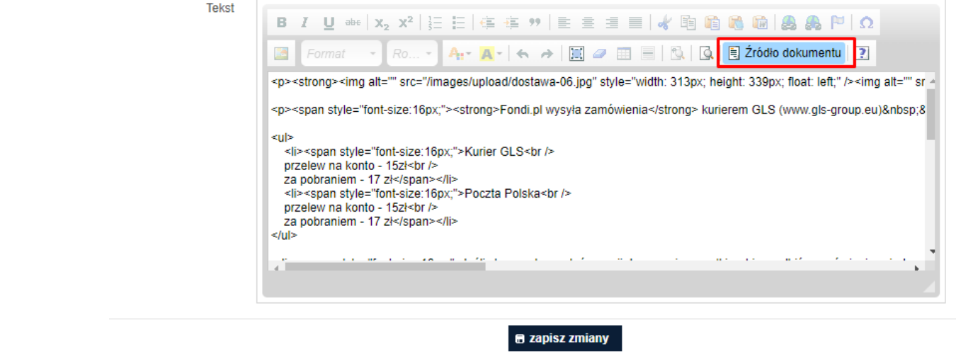 Przycisk Źródło dokumentu w edytorze treści strony