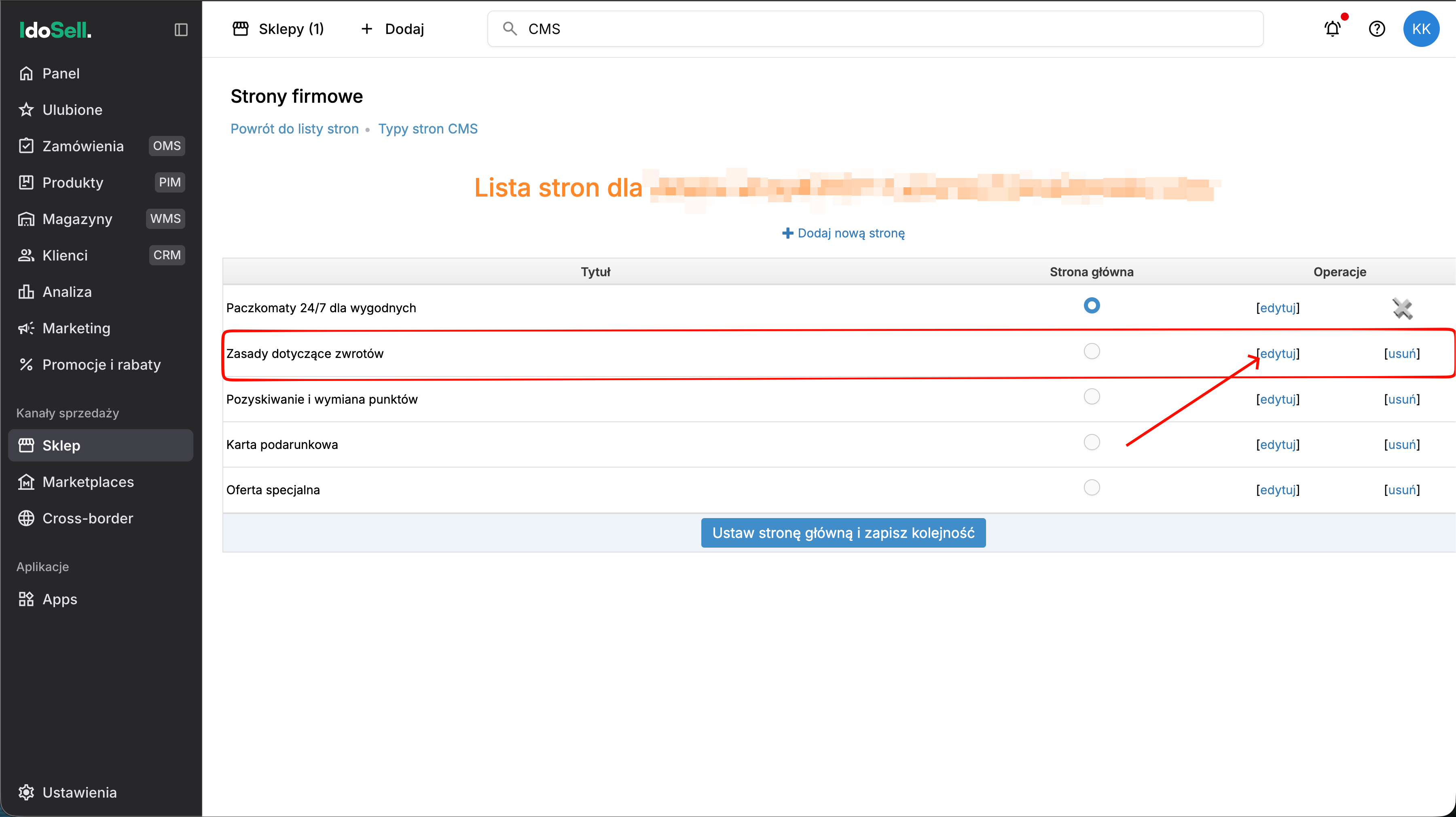 Wybór strony CMS do edycji