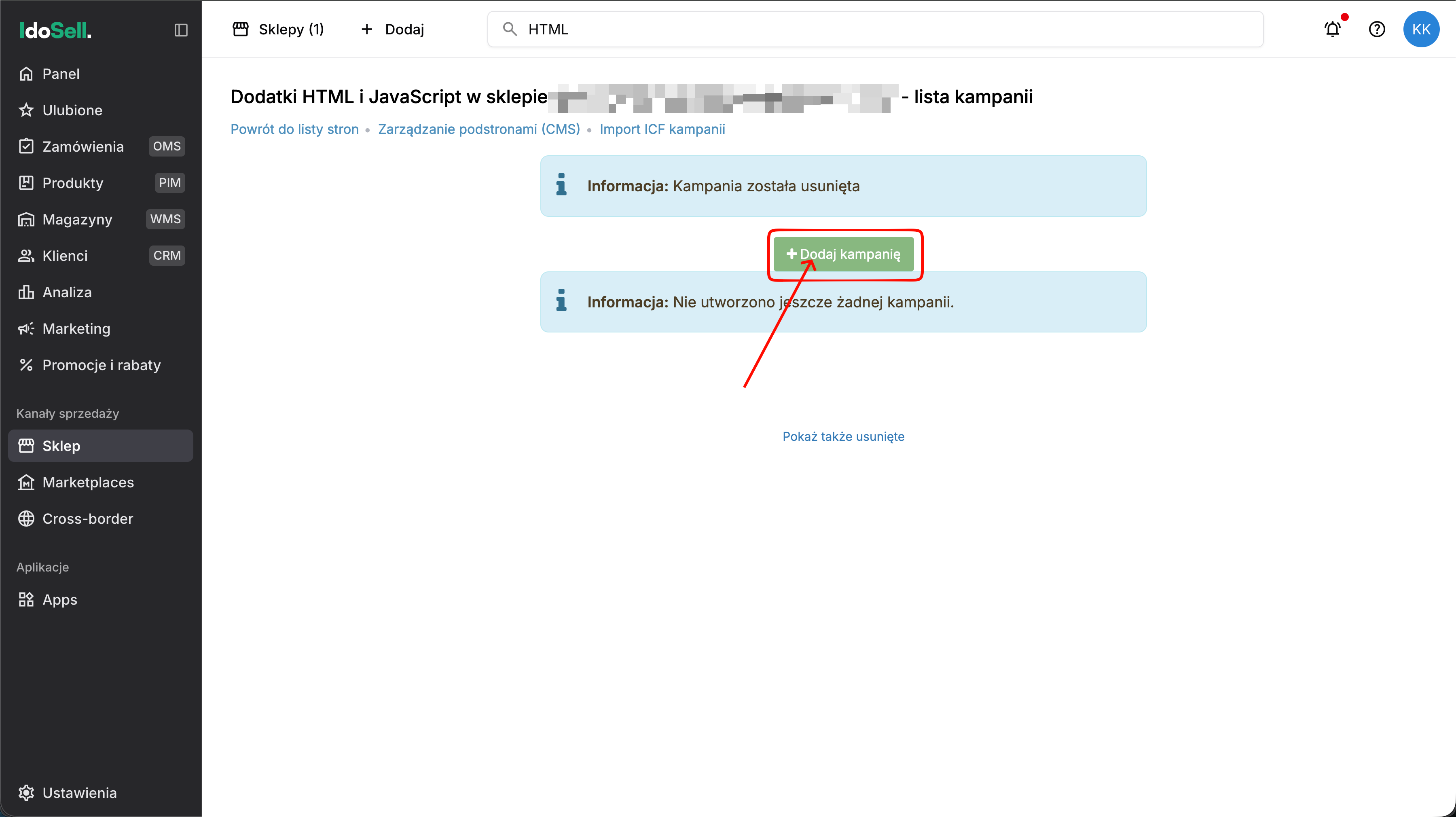 Dodawanie nowej kampanii dodatków HTML i JavaScript