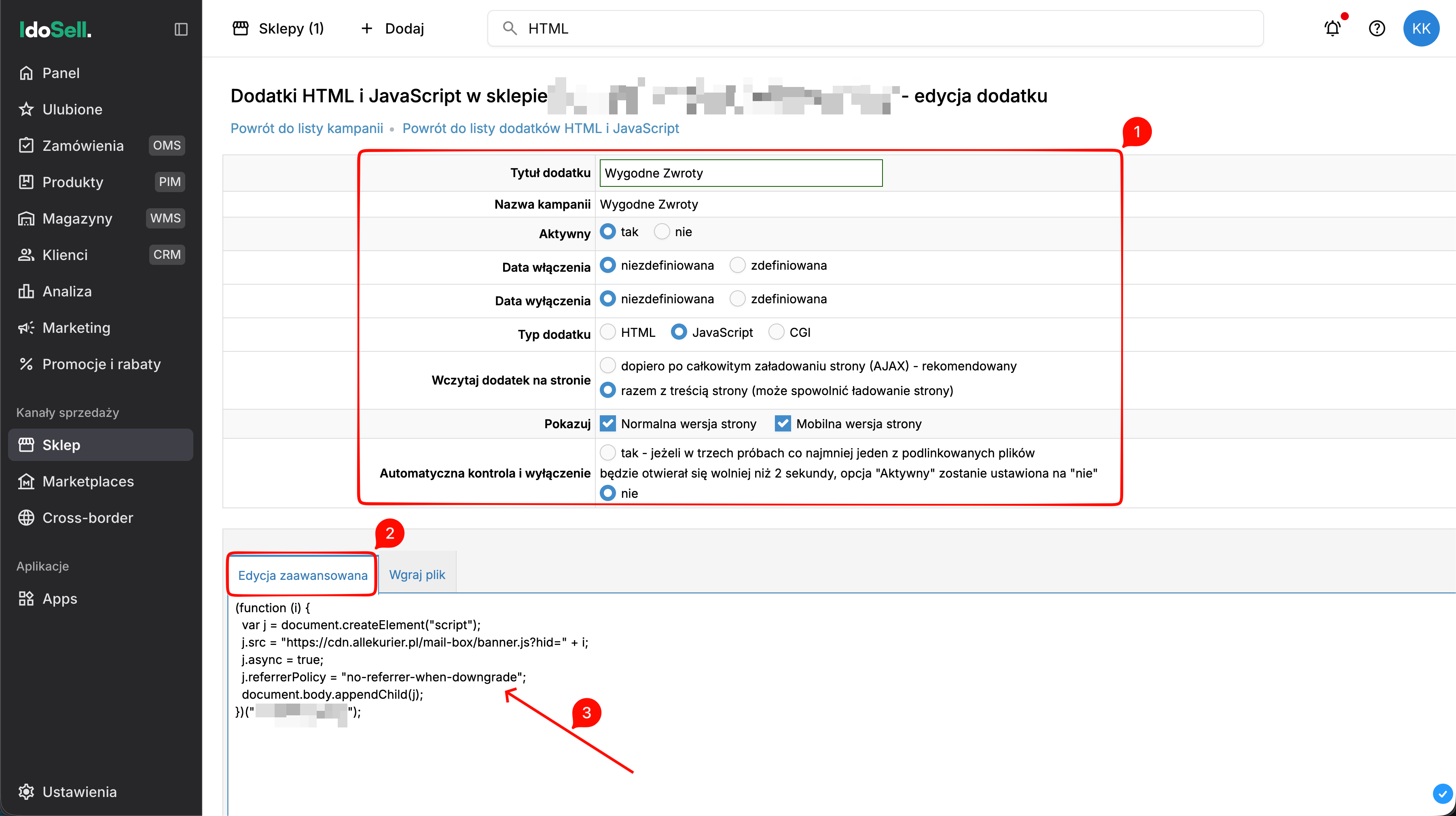 Konfiguracja dodatku i wklejenie kodu instalacji