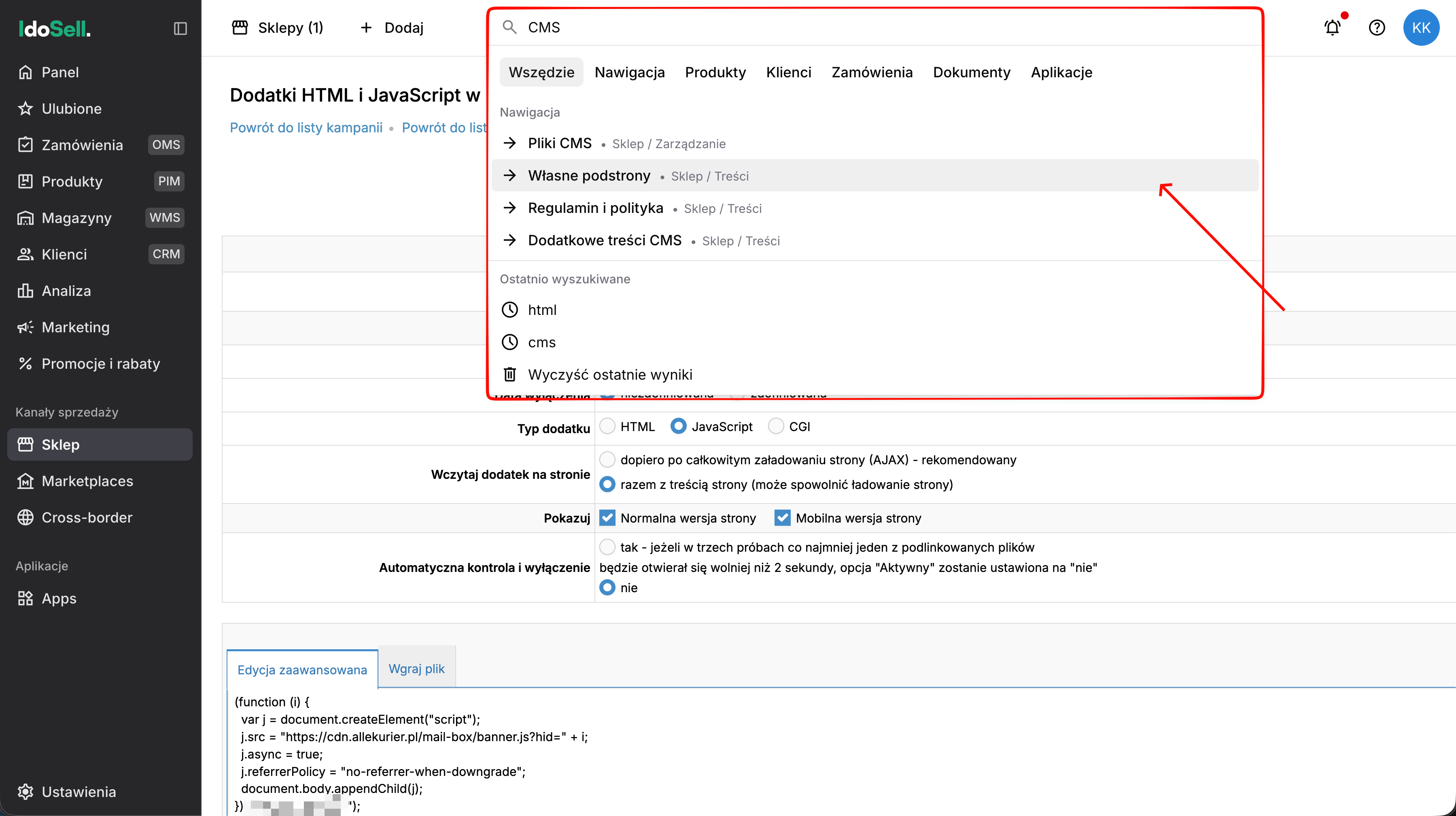 Wyszukiwanie Własne podstrony CMS w panelu IdoSell