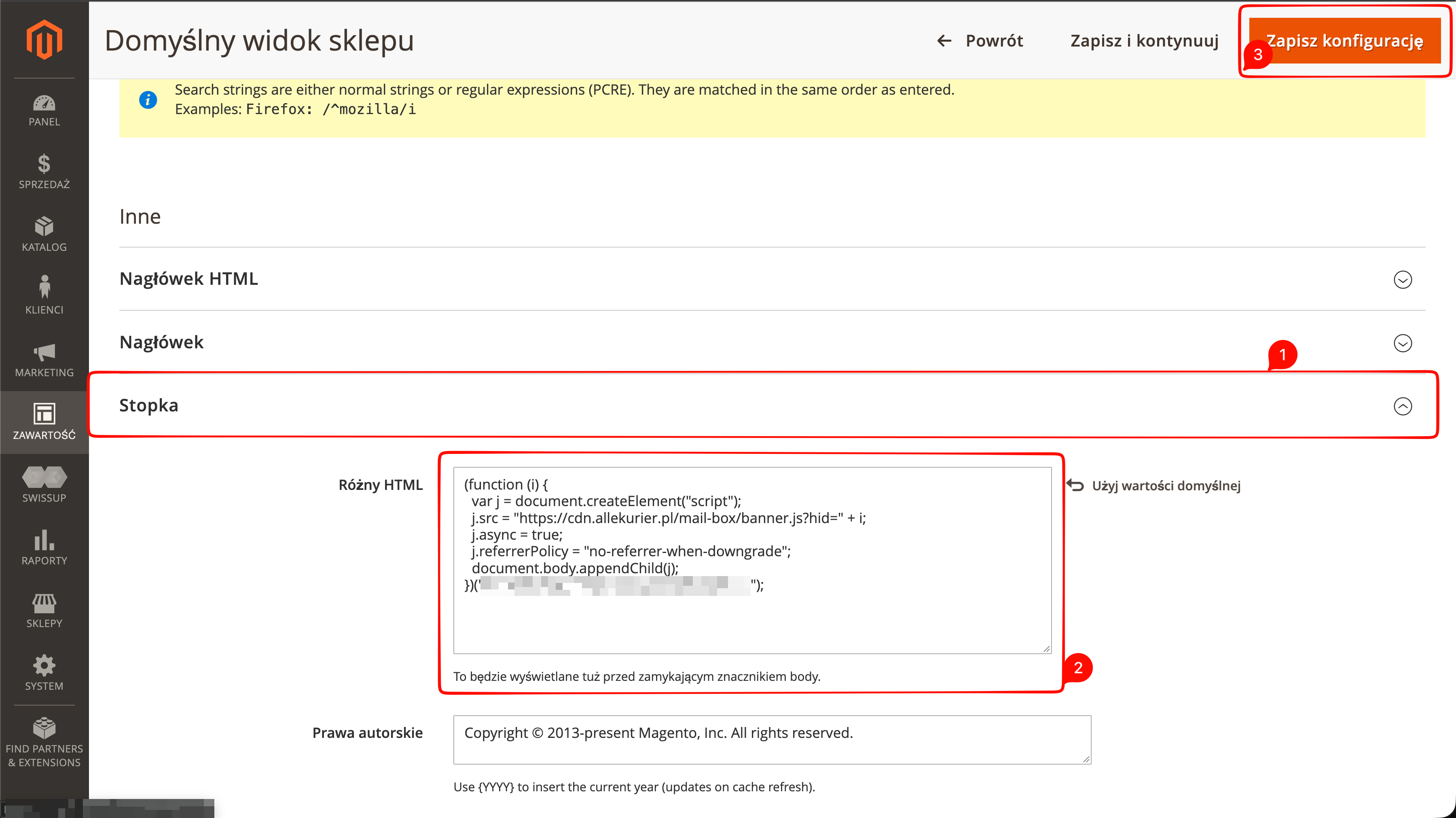 Sekcja Stopka z polem Różny HTML i przyciskiem Zapisz konfigurację