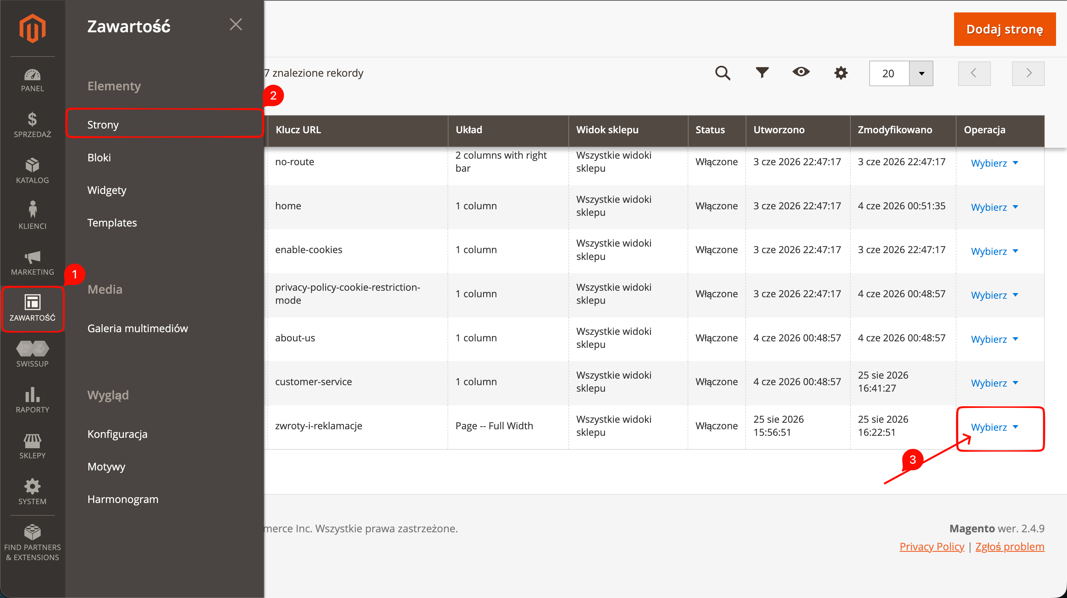 Lista stron CMS z przyciskiem Wybierz przy wybranej stronie