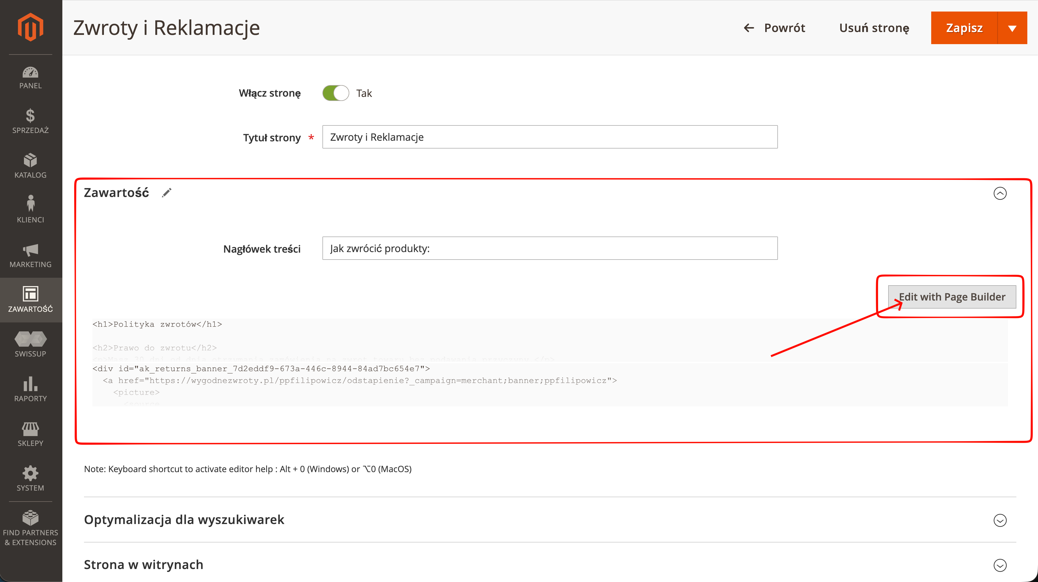 Sekcja Zawartość z wklejonym kodem banera i przyciskiem Edit with Page Builder