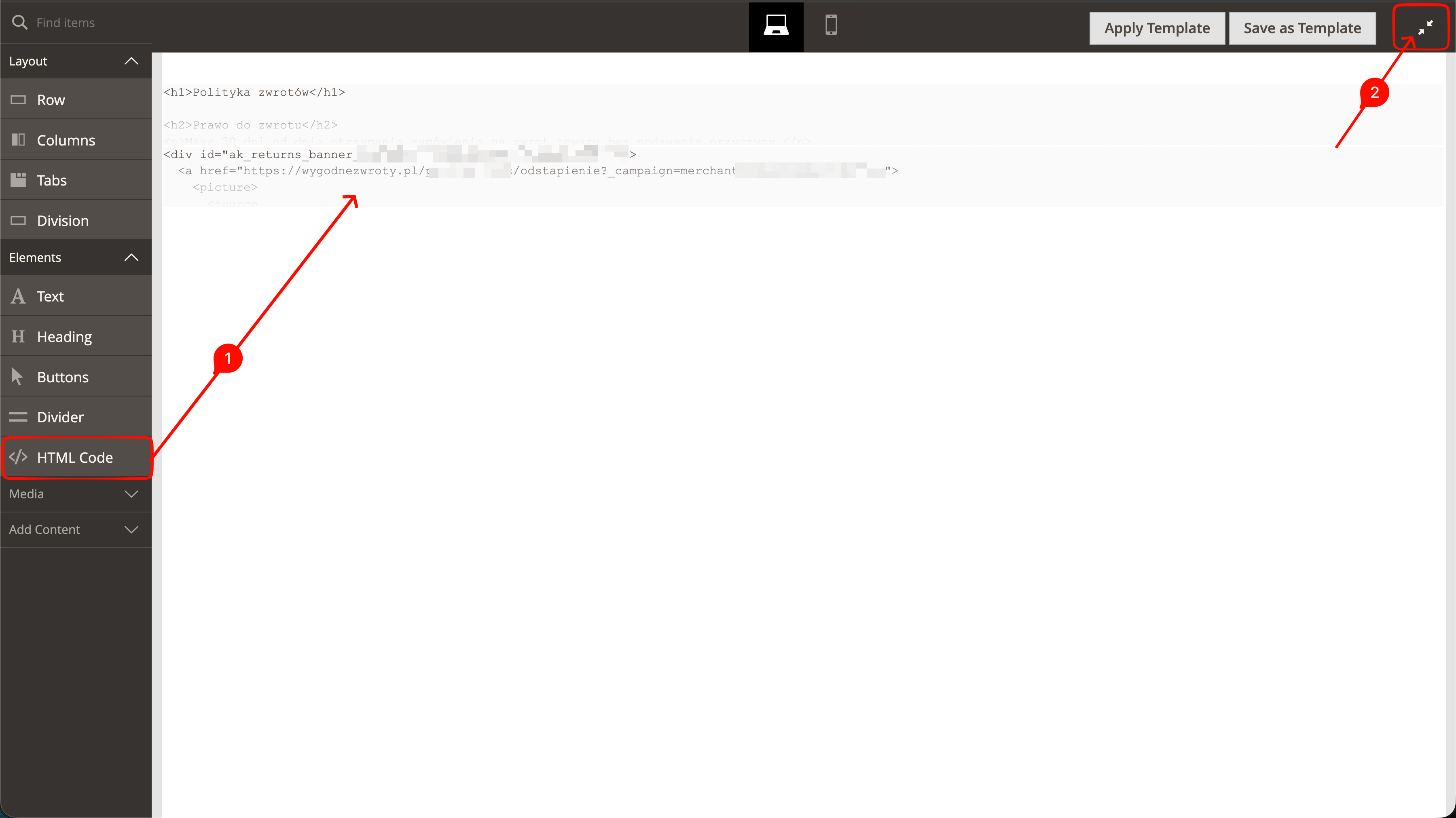 Blok HTML Code z kodem banera w edytorze Page Builder