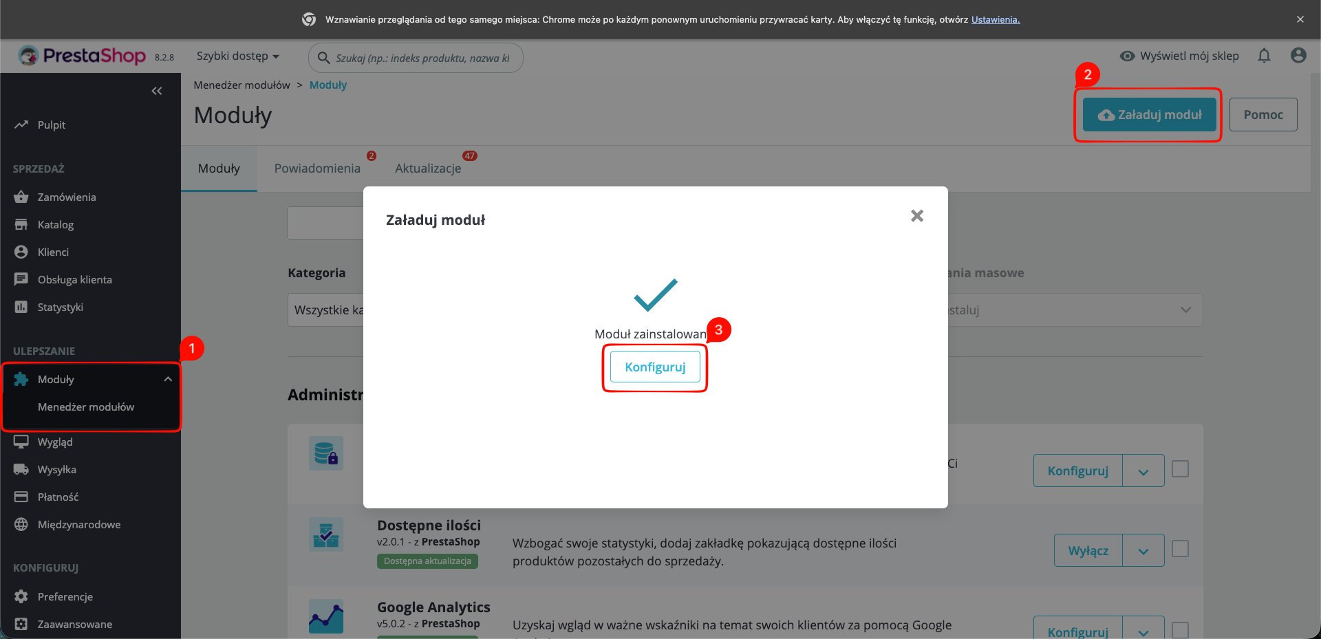 Wgrywanie i instalacja modułu w Menedżerze modułów PrestaShop 8