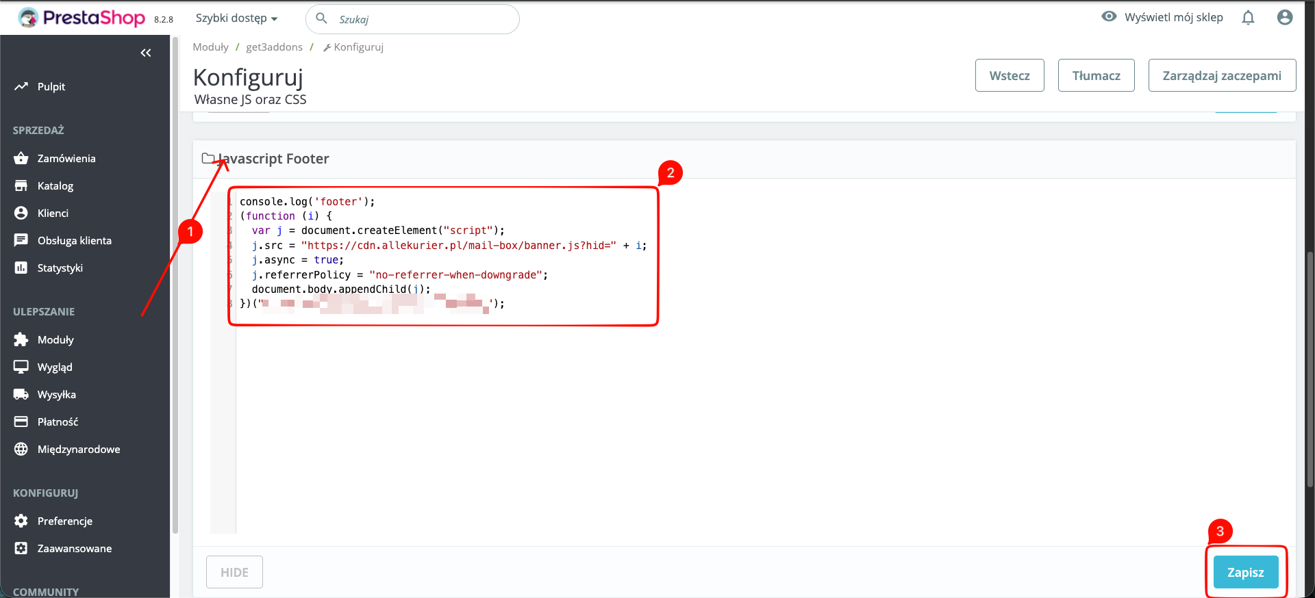 Wklejenie kodu instalacji w sekcji Javascript Footer