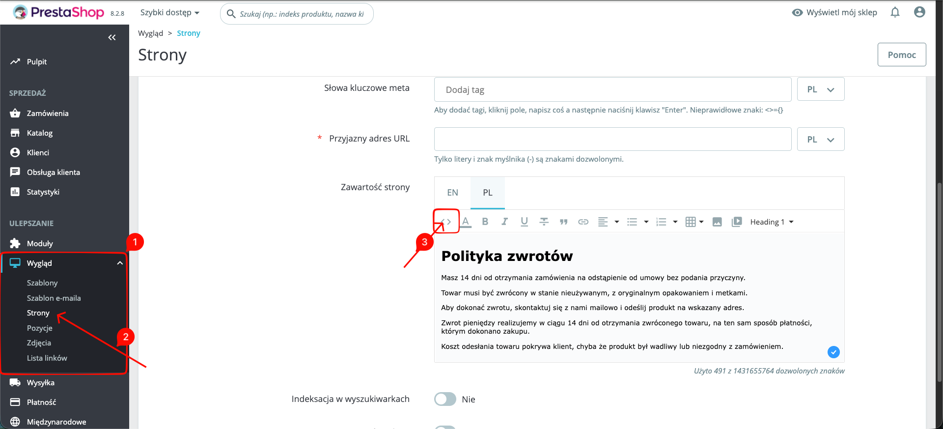 Przejście do Wygląd → Strony i ikona kod źródłowy w edytorze treści