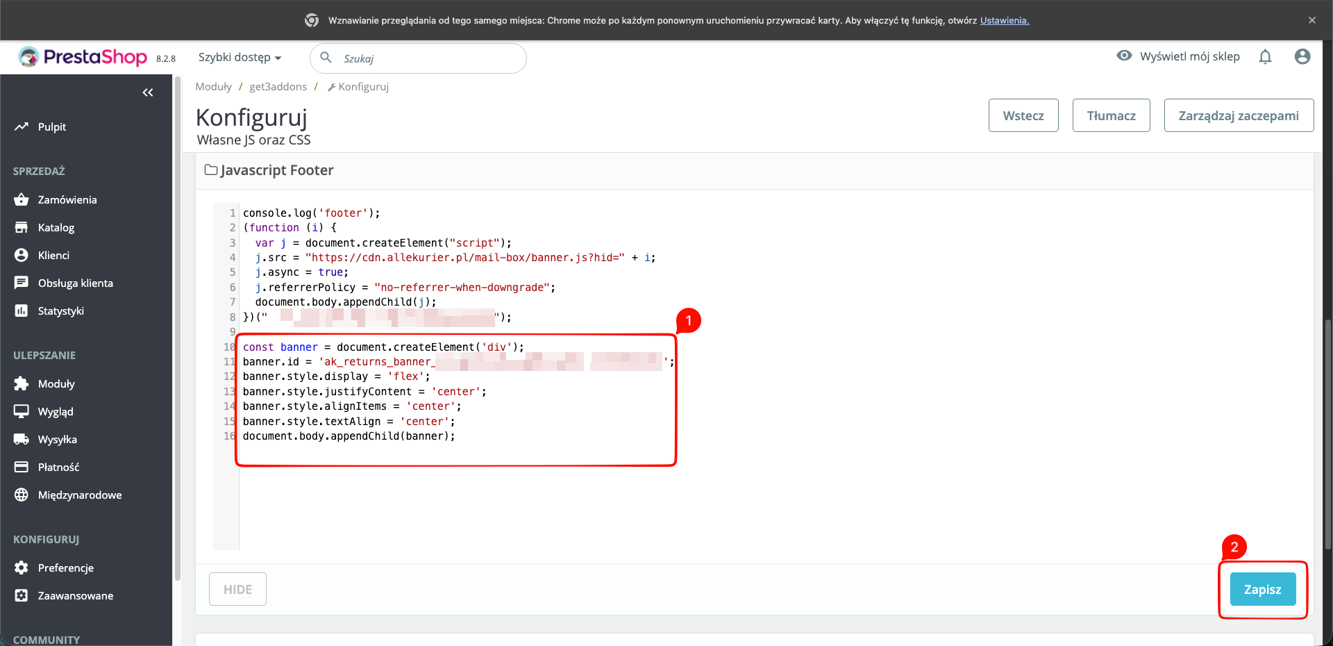 Wklejenie kodu widgetu w sekcji Javascript Footer