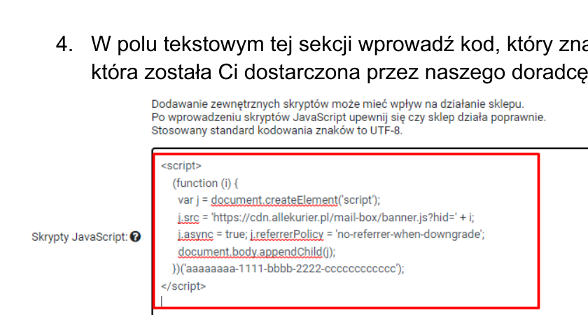 Wklejenie kodu instalacji w polu Skrypty JavaScript