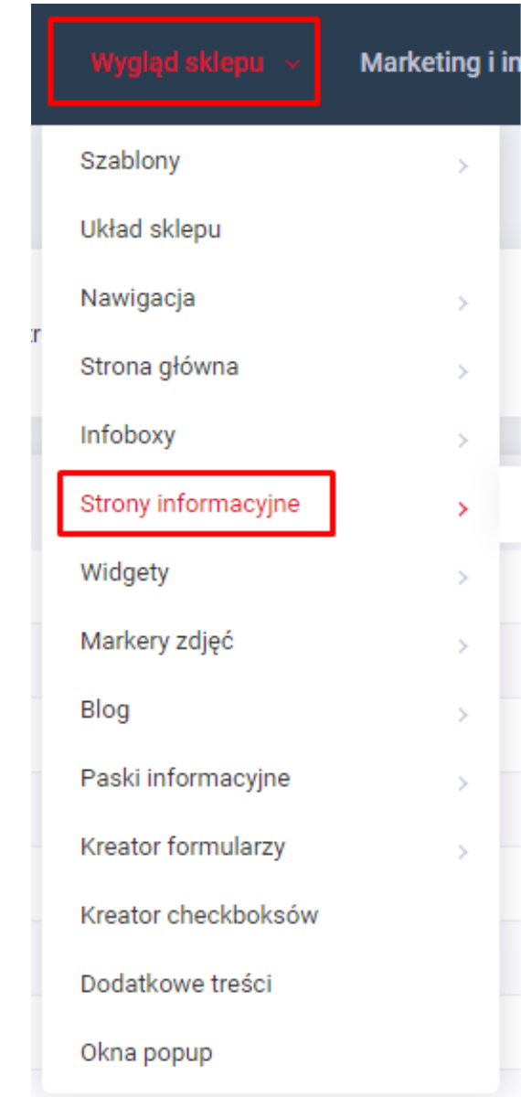 Przejście do Stron informacyjnych z menu Wygląd sklepu