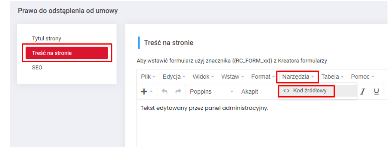 Przejście do Kodu źródłowego w edytorze treści strony