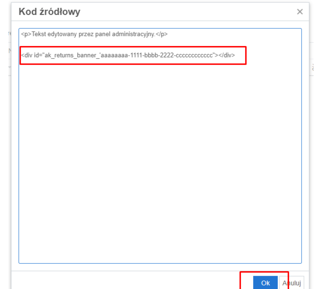 Wklejenie kodu banera w oknie Kod źródłowy