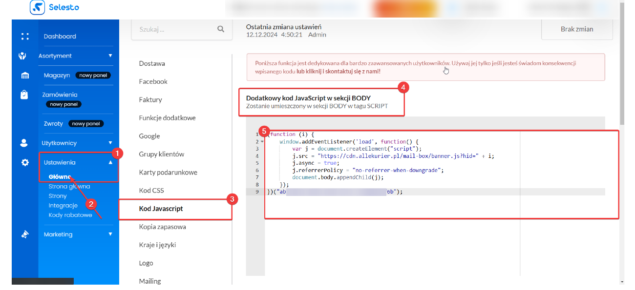 Wklejenie kodu instalacji w sekcji Ustawienia > Główne > Kod Javascript