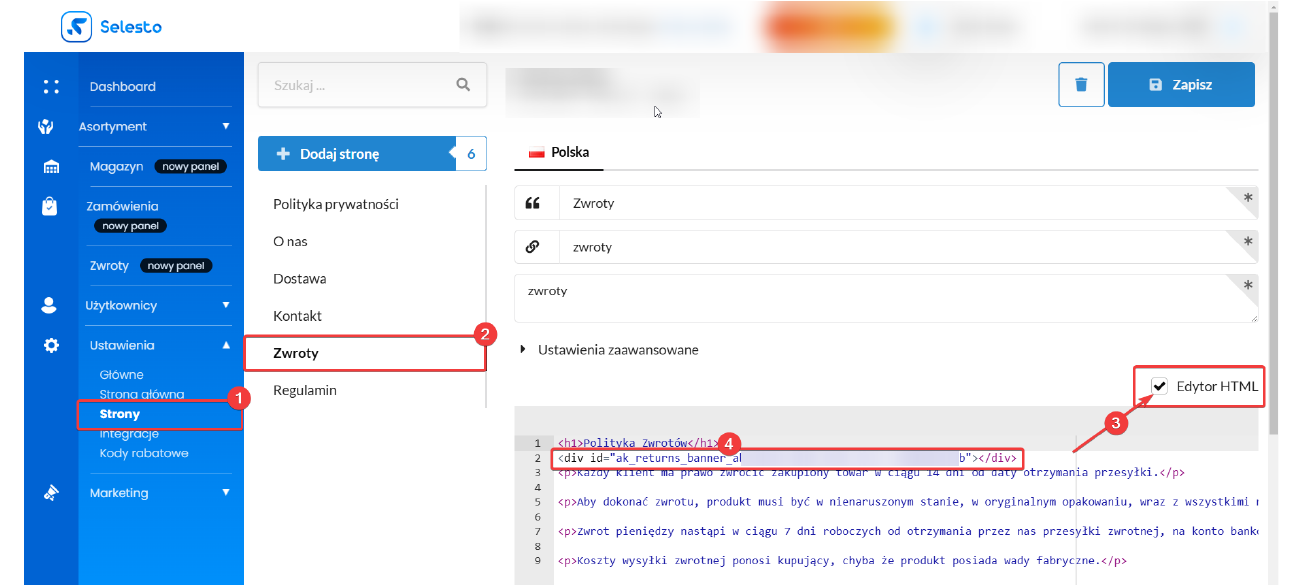 Wklejenie kodu banera w edytorze HTML wybranej podstrony CMS
