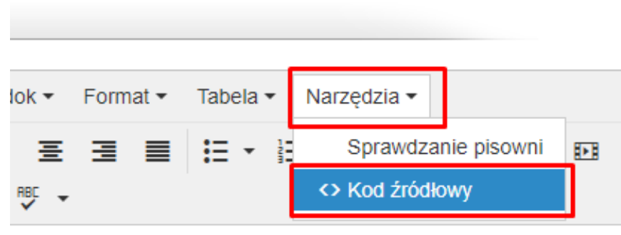 Menu Narzędzia z opcją Kod źródłowy w edytorze strony