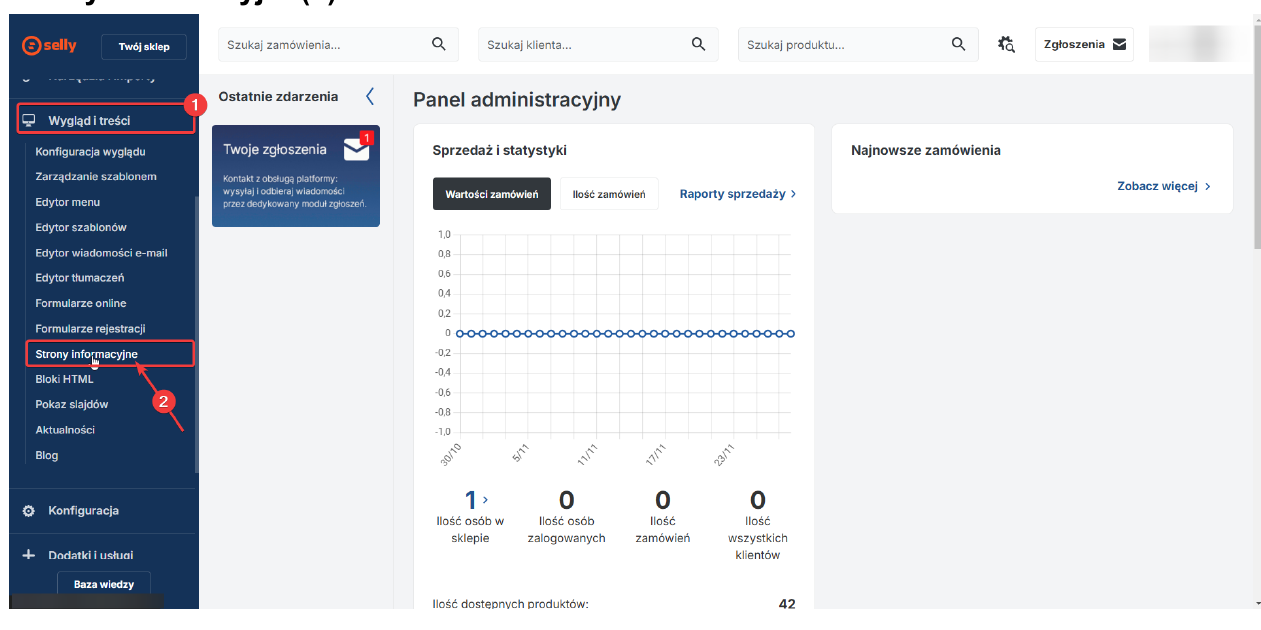 Przejście do Wygląd i treści > Strony informacyjne w panelu Selly