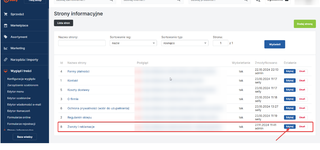 Lista stron informacyjnych i wybór strony Zwroty i reklamacje do edycji