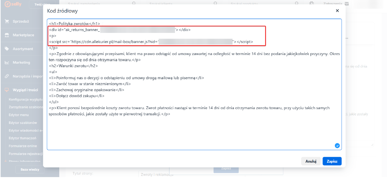 Wklejenie kodu instalacji w widoku kodu źródłowego strony