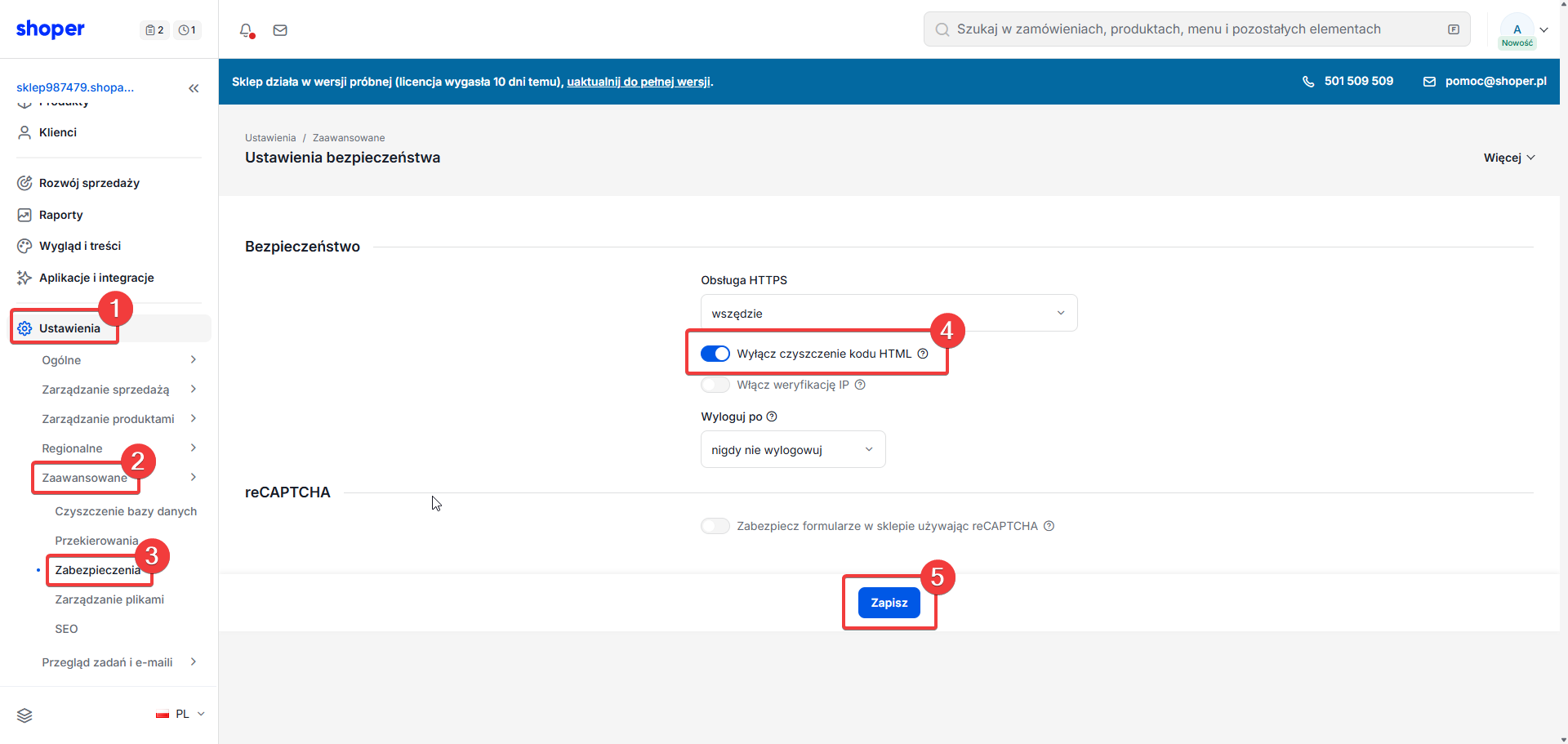 Wyłączenie czyszczenia kodu HTML w ustawieniach zaawansowanych Shoper