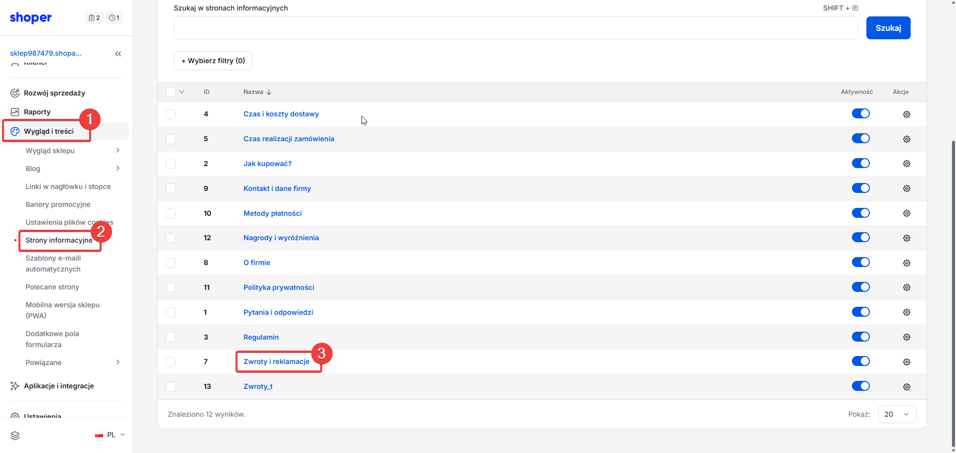Lista stron informacyjnych w panelu Shoper