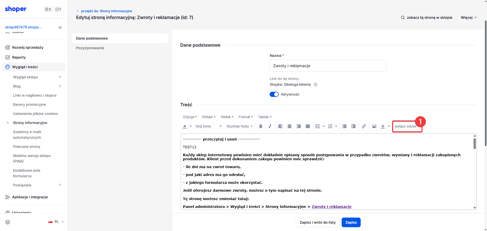 Przełączenie edytora treści strony na widok kodu HTML