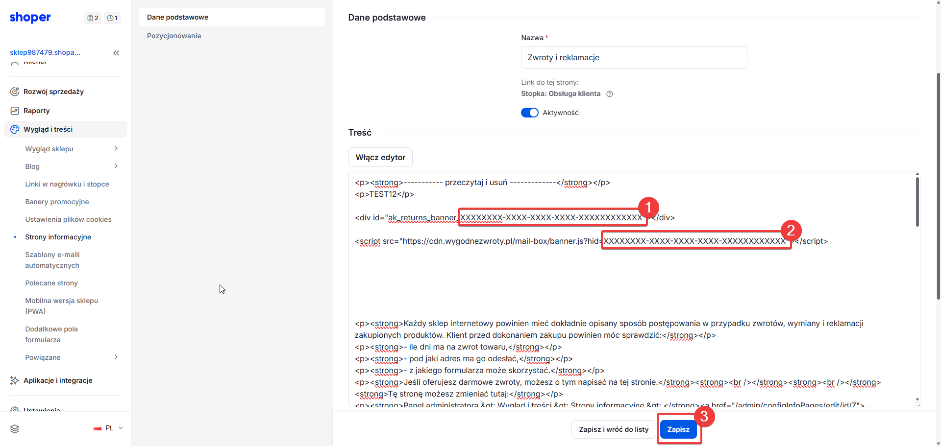 Wklejenie kodu instalacji w widoku HTML strony