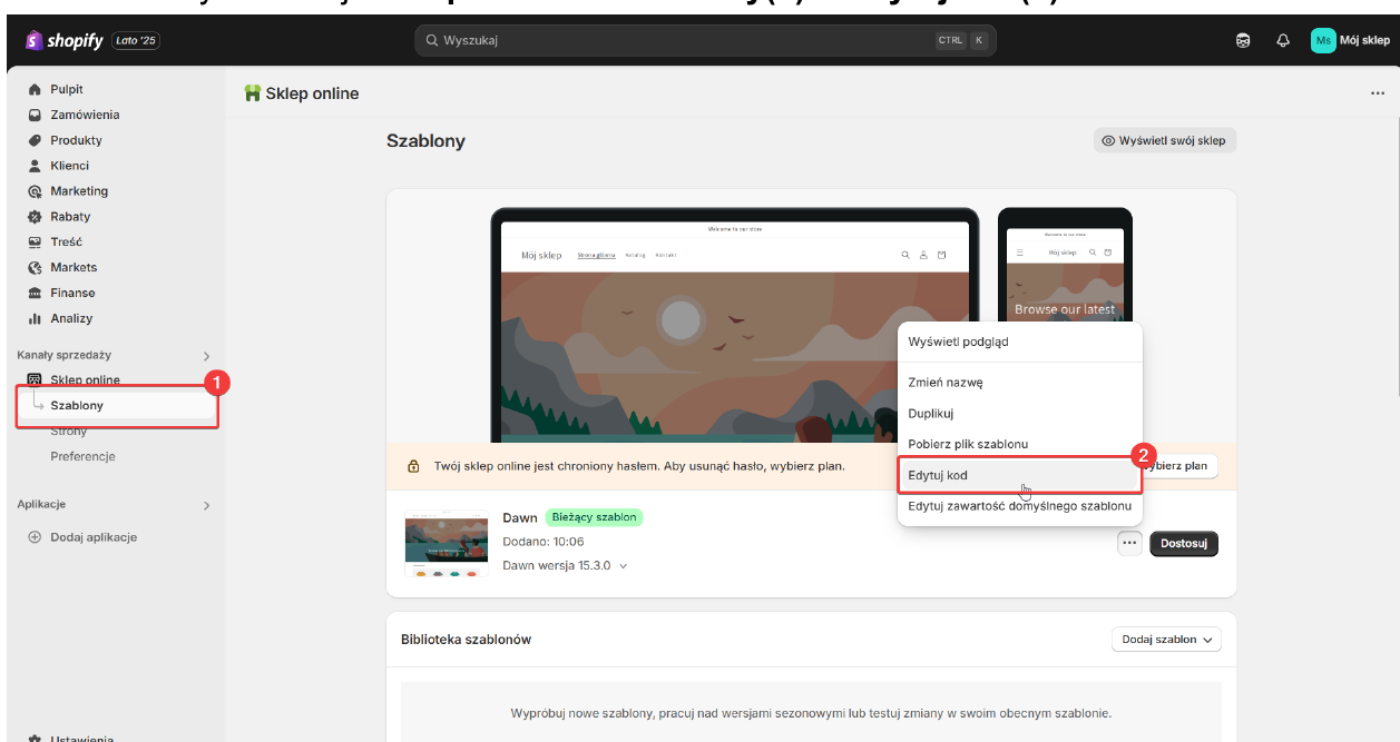 Przejście do edycji kodu szablonu w Shopify