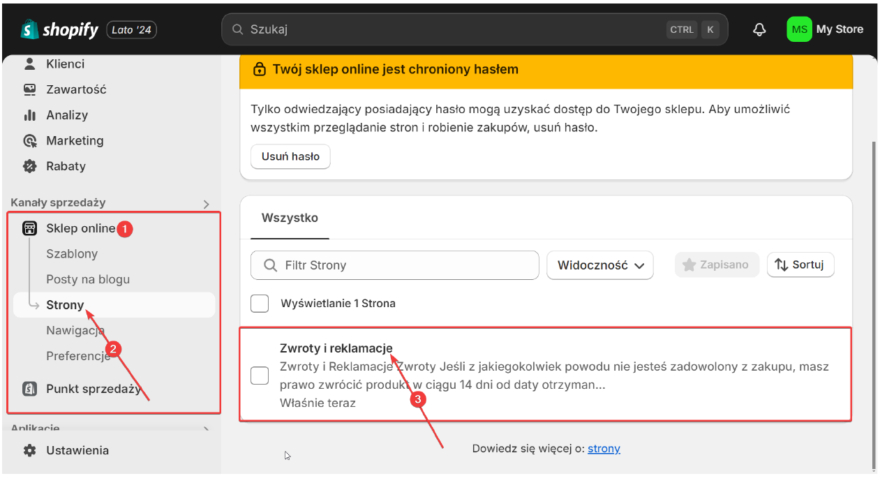 Przejście do Sklep online → Strony i wybór podstrony