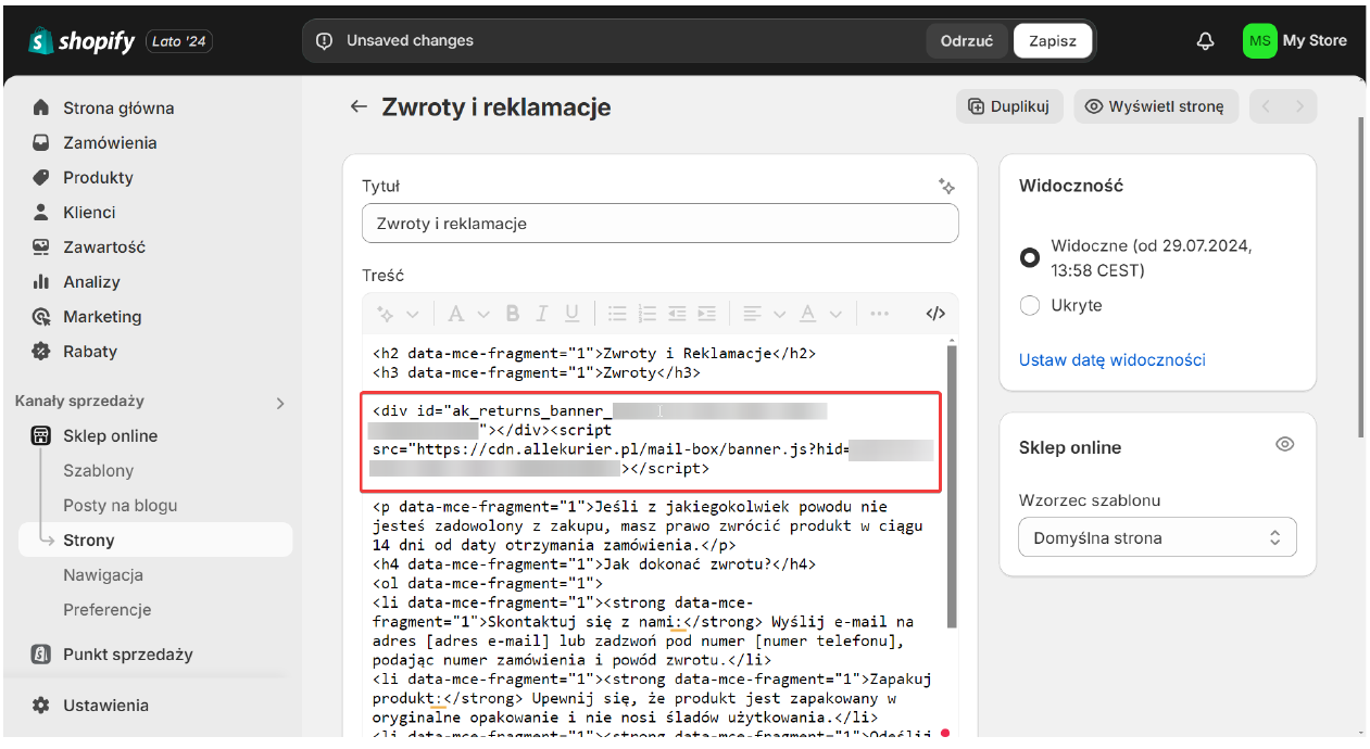 Wklejenie kodu div i script w treści strony