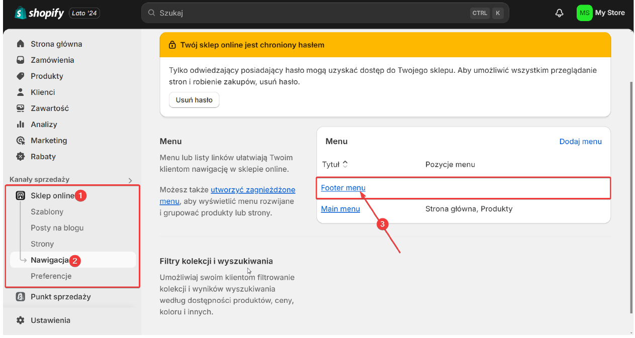 Przejście do edycji Footer menu w sekcji Nawigacja