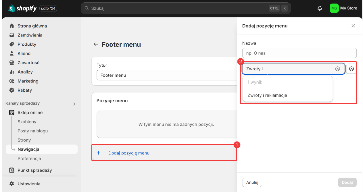 Dodawanie podstrony do pozycji menu stopki