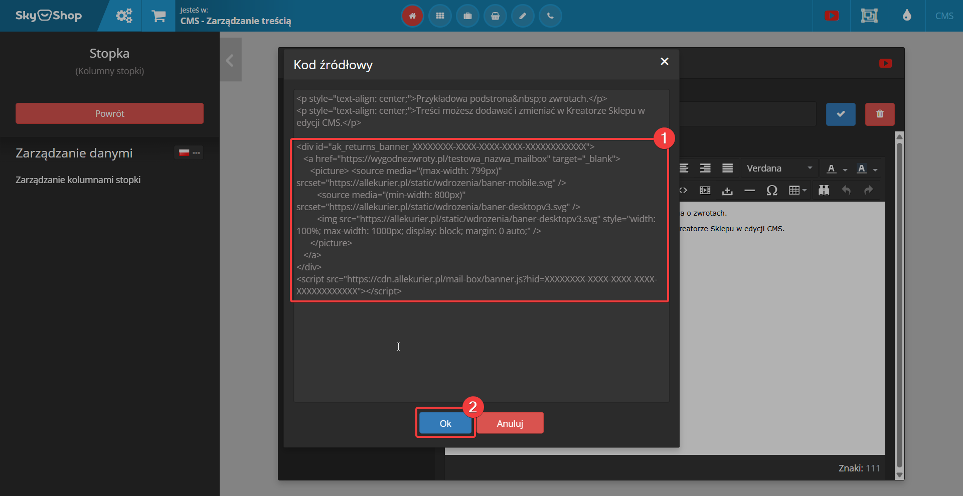Wklejenie kodu instalacji w oknie kodu źródłowego