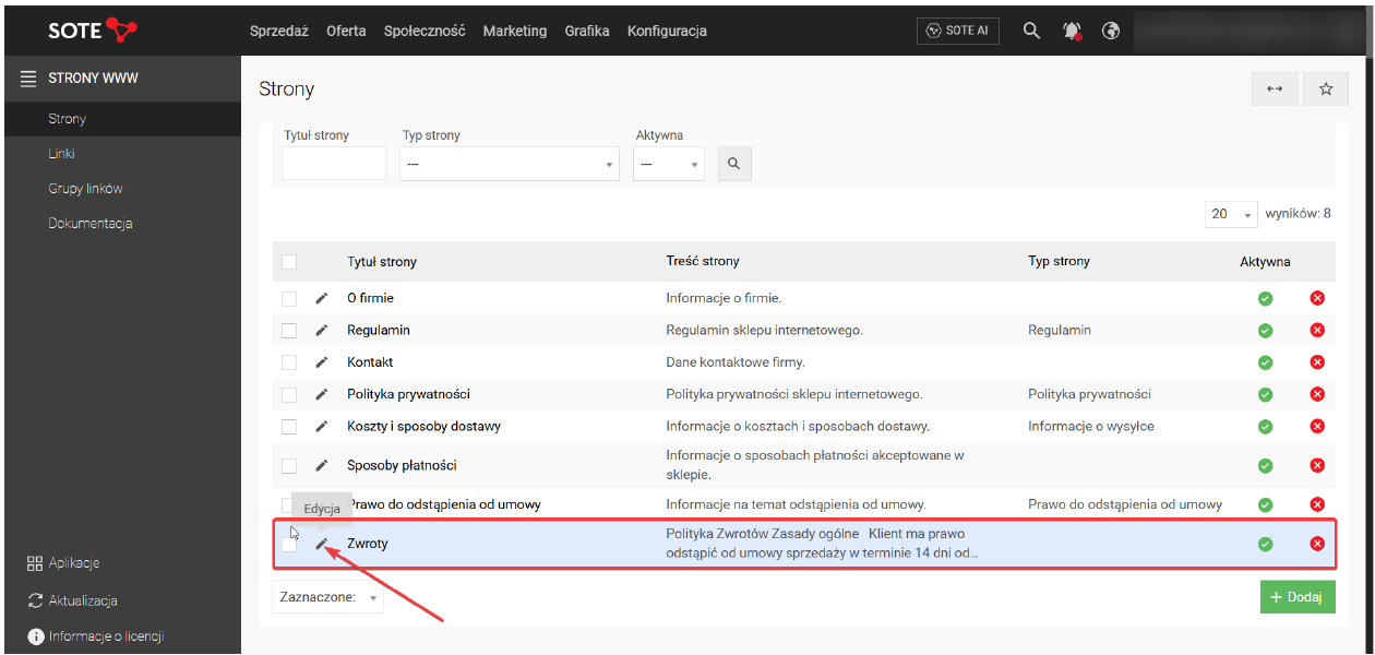 Lista podstron w panelu SOTESHOP z zaznaczoną podstroną Zwroty