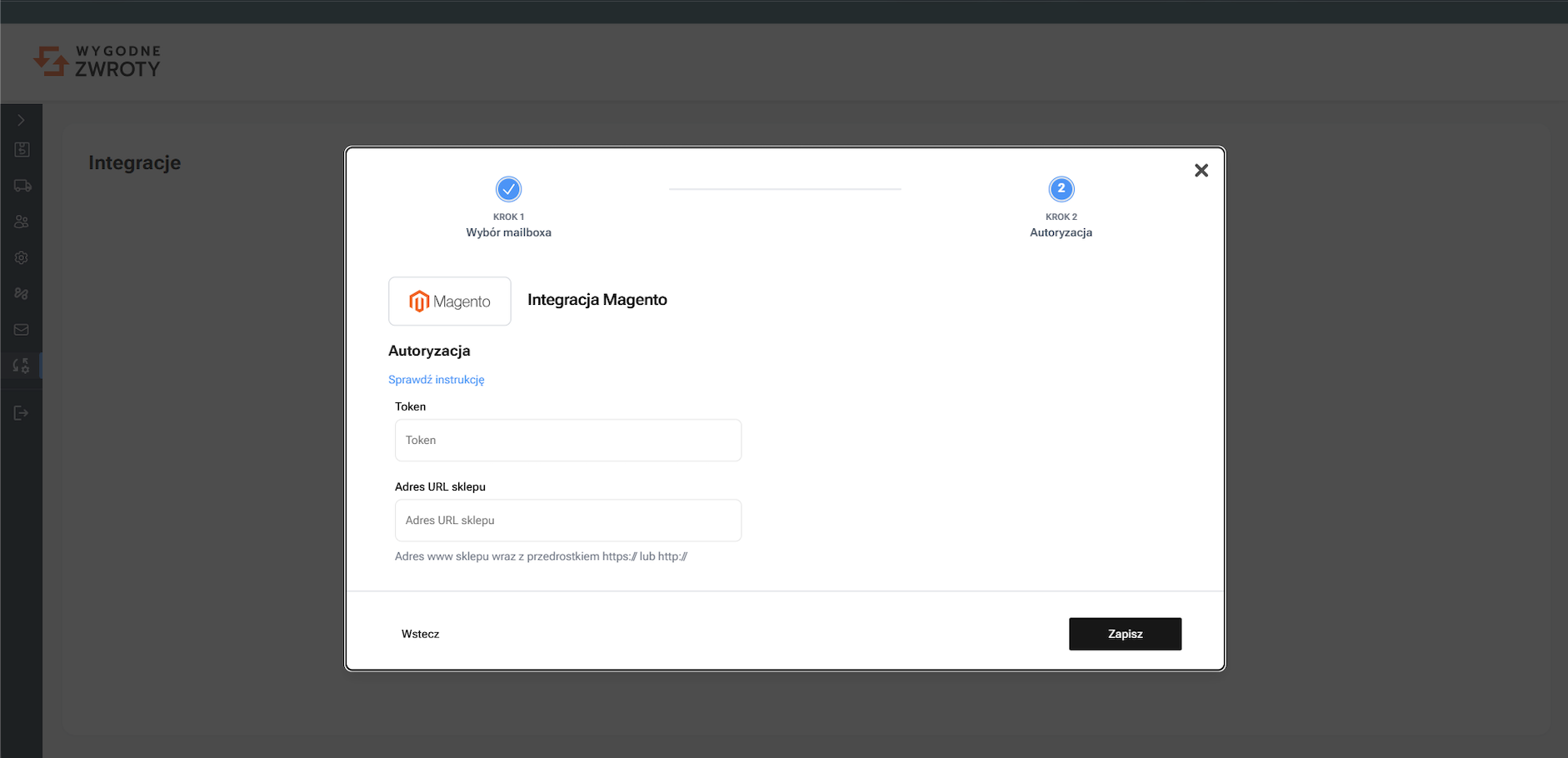 Wprowadź token i adres URL sklepu w panelu Wygodnych Zwrotów