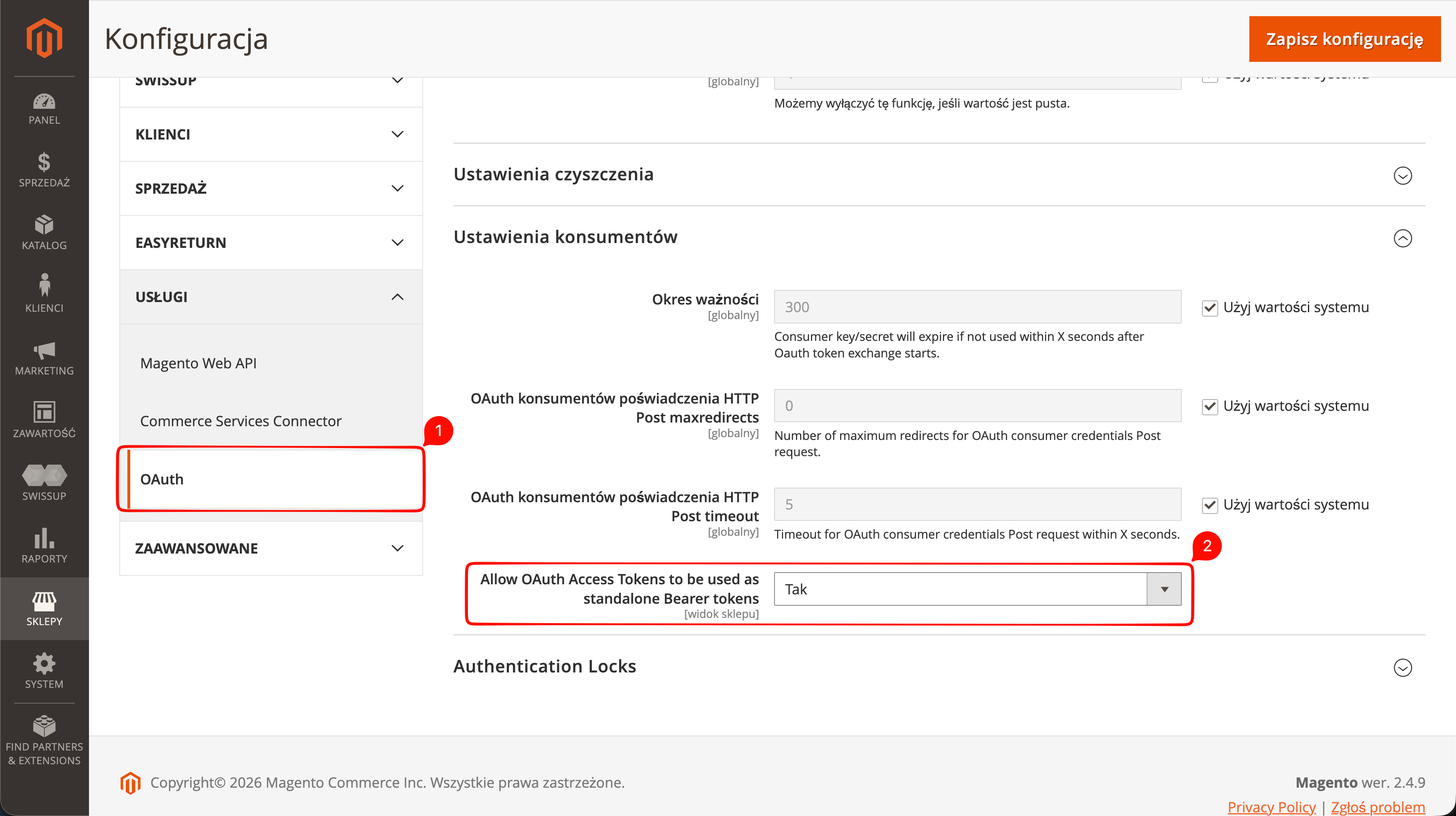 Włącz standalone Bearer tokens w konfiguracji OAuth Magento