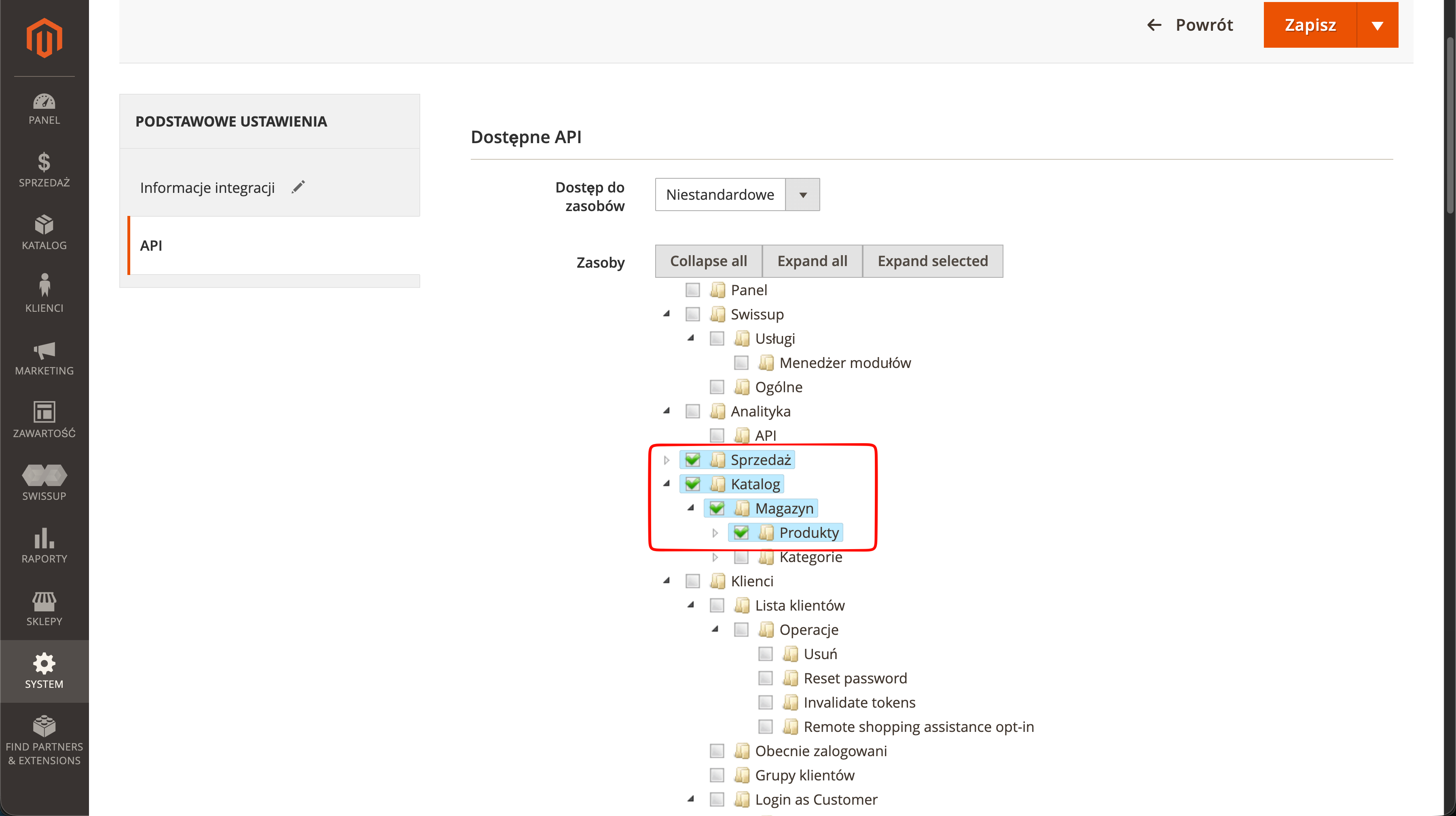 Zaznacz uprawnienia Sprzedaż i Katalog w Magento