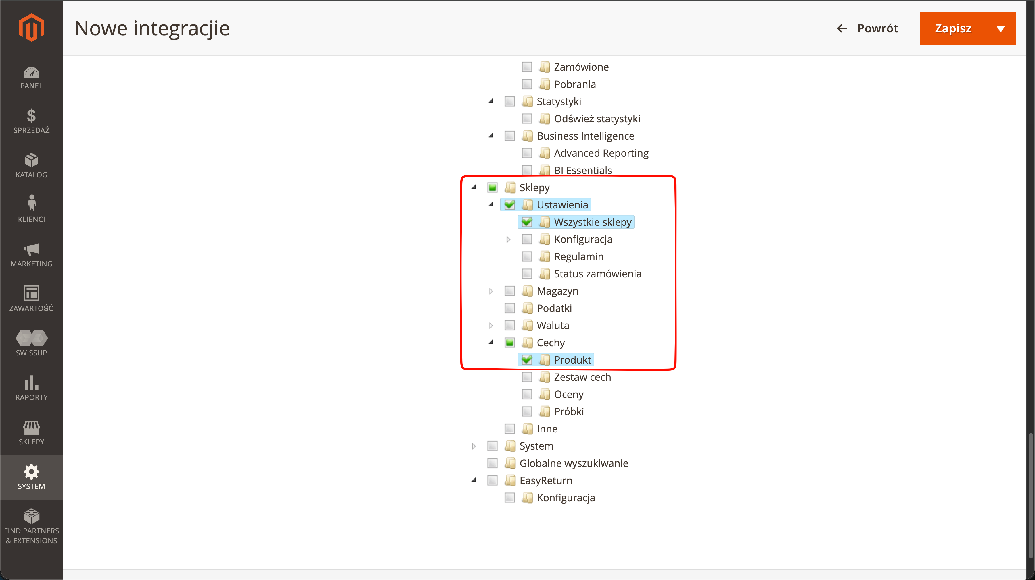 Zaznacz uprawnienia Sklepy w Magento