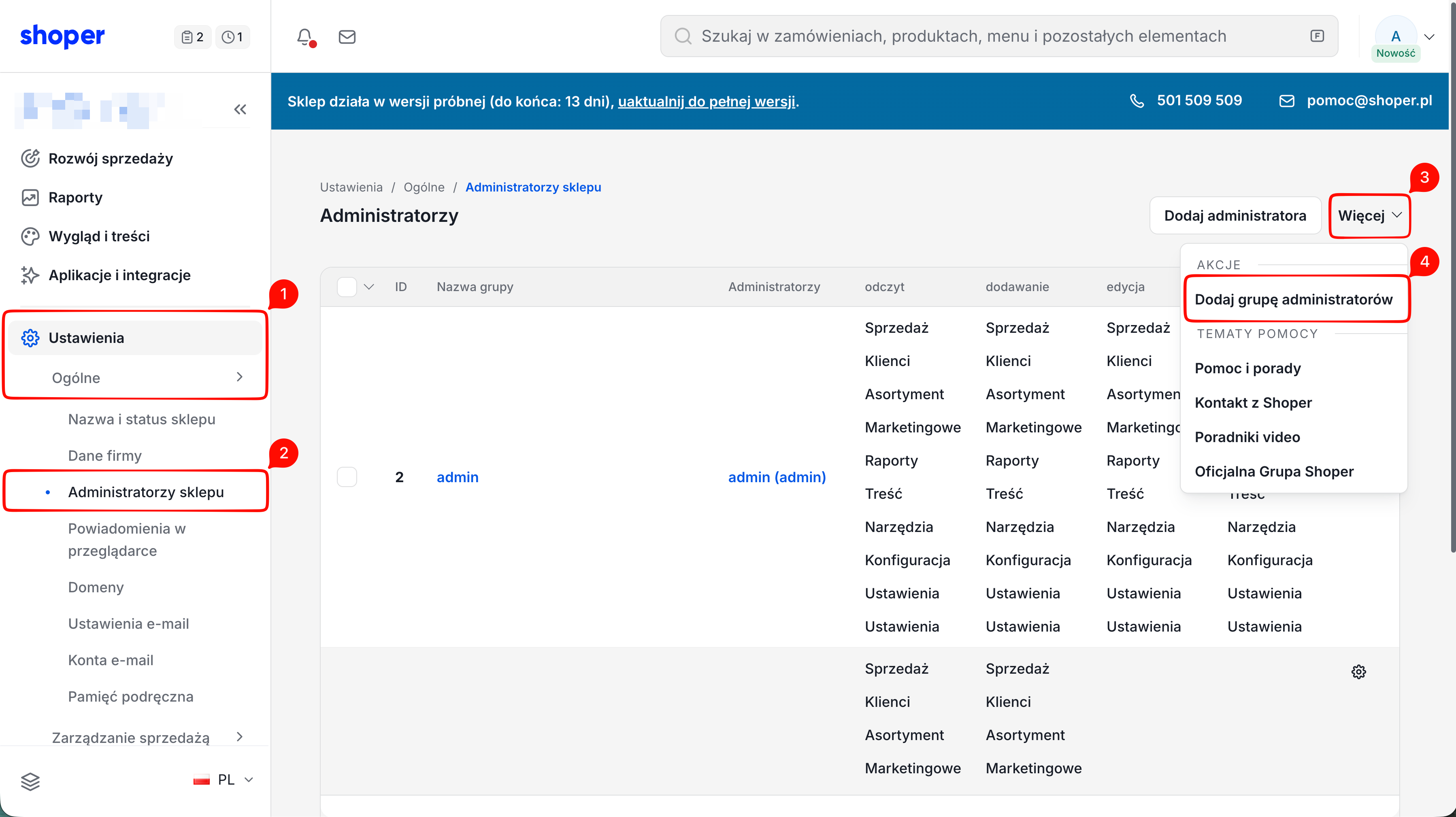 Nawigacja i dodawanie grupy administratorów w Shoper