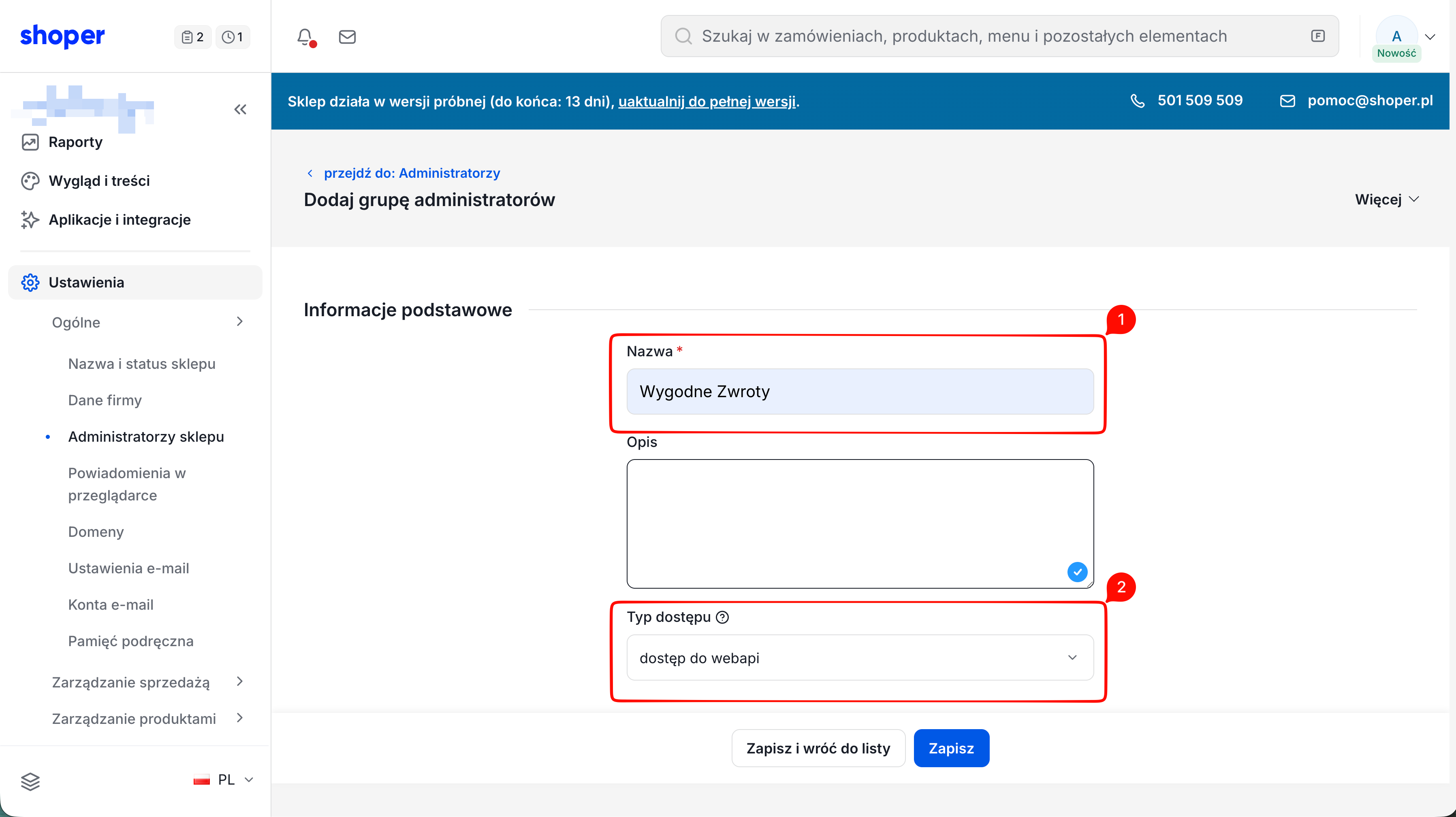 Formularz tworzenia grupy administratorów w Shoper