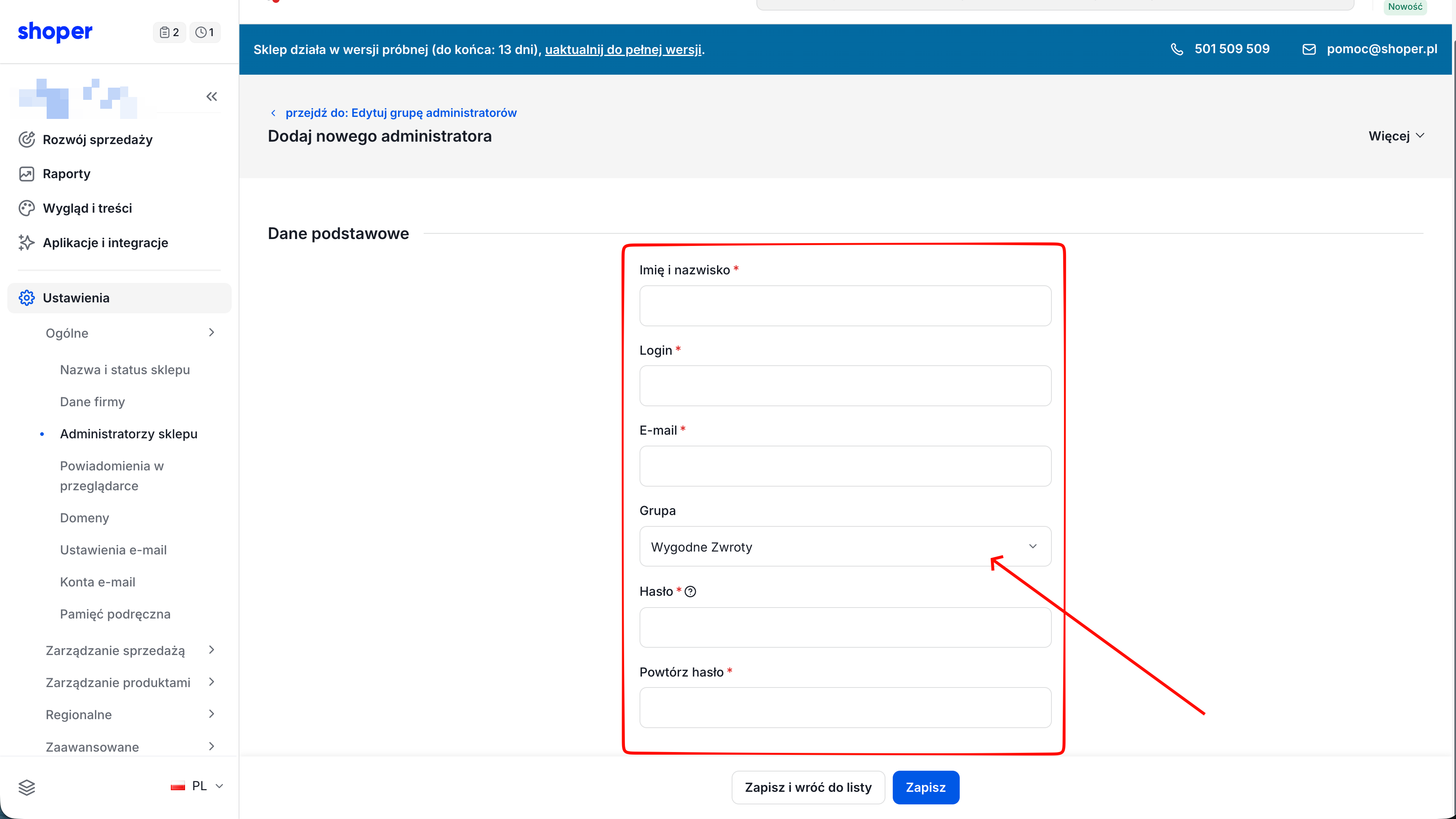 Formularz dodawania nowego administratora w Shoper