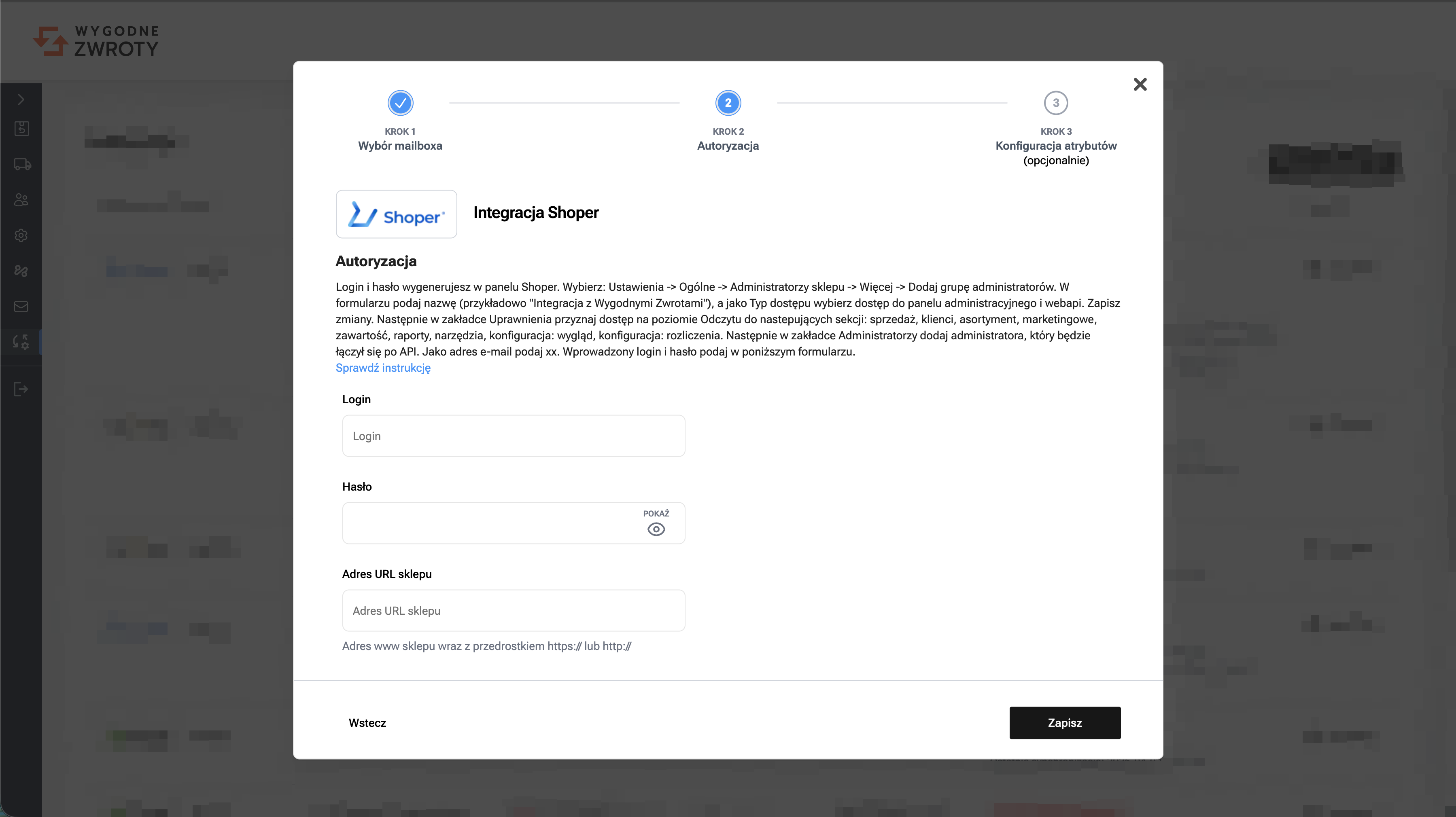 Dane uwierzytelniające integracji Shoper w panelu Wygodne Zwroty