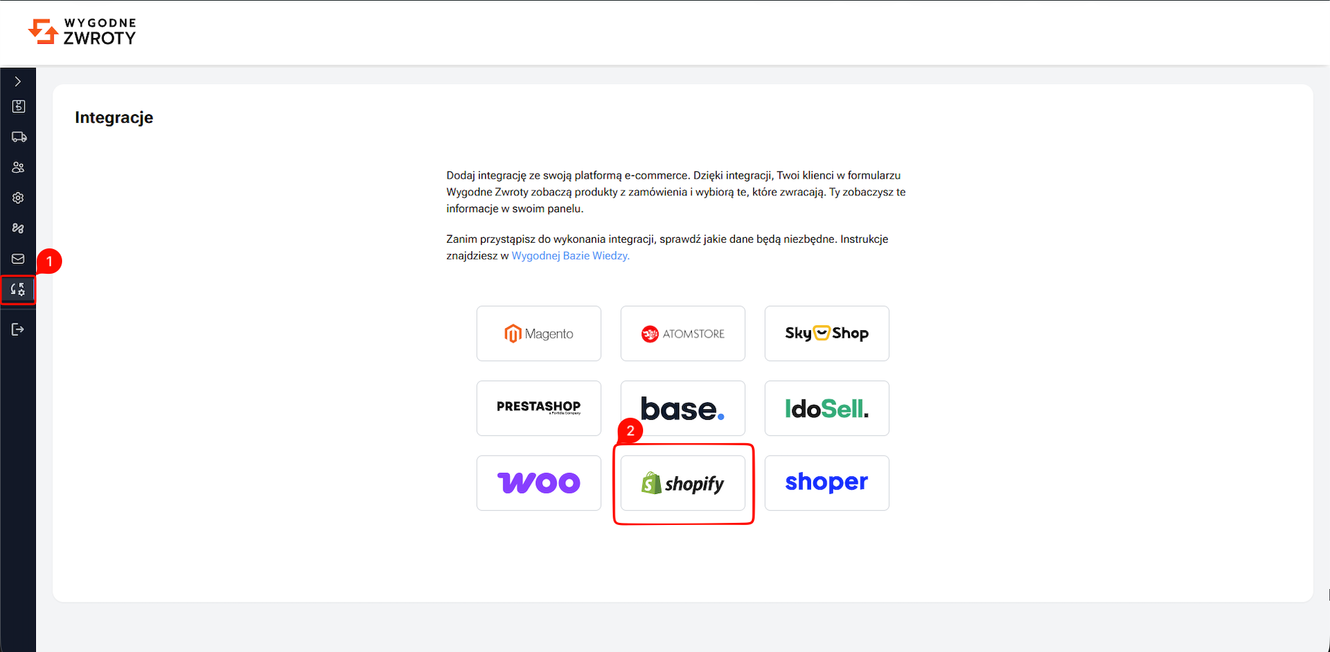 Wybór platformy Shopify w panelu Wygodne Zwroty