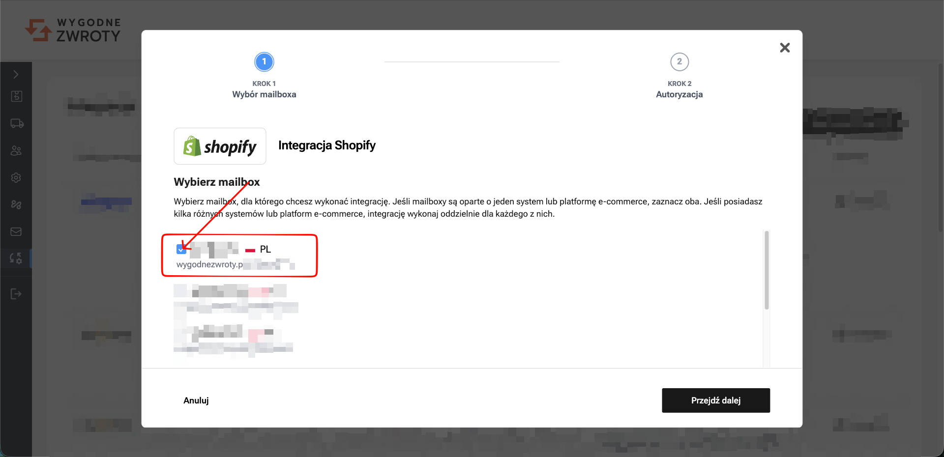 Wybór mailboxa do integracji Shopify