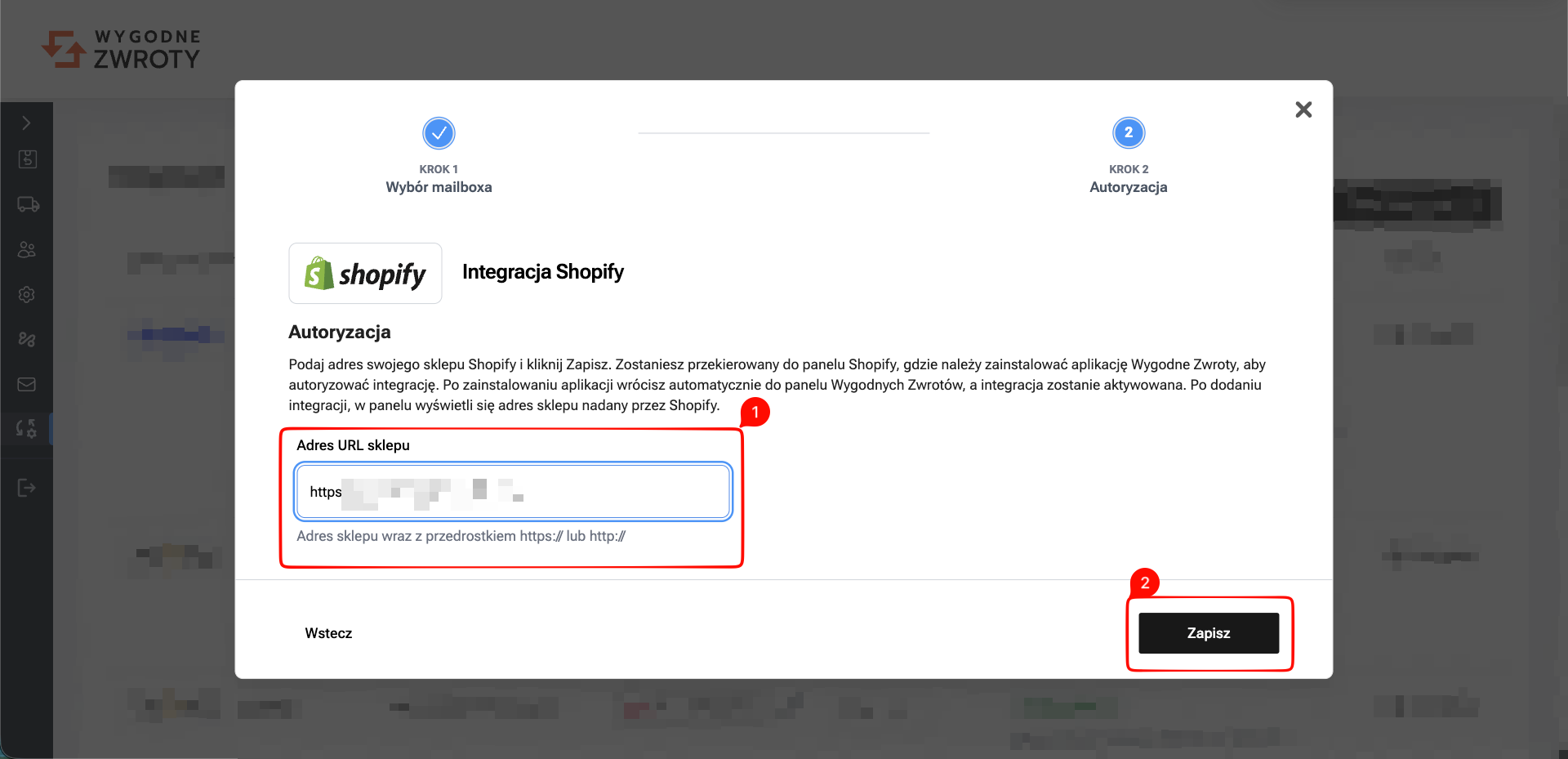 Podanie adresu URL sklepu Shopify